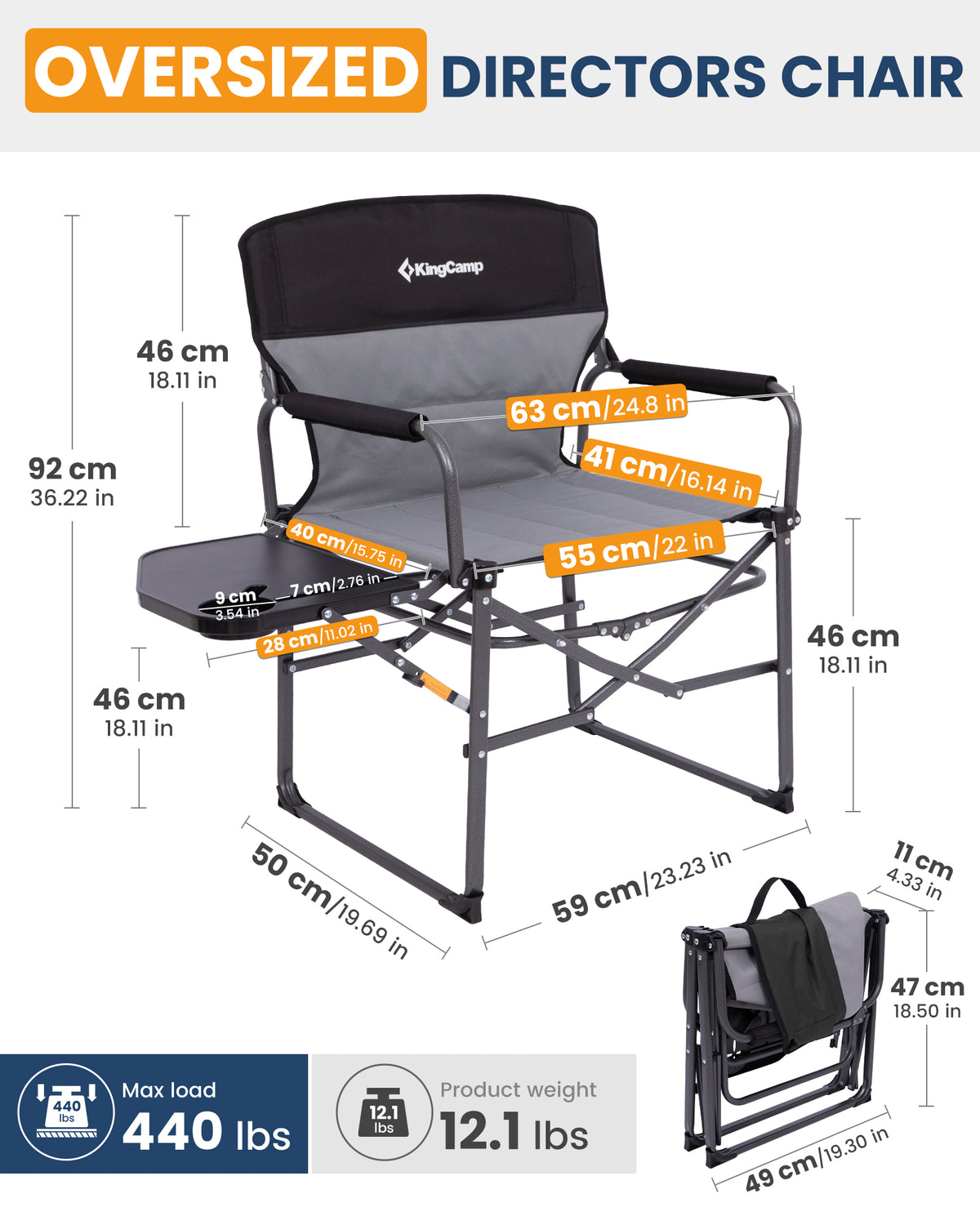 KingCamp ASH C30 Oversized Director's Camp Chair with Side Table