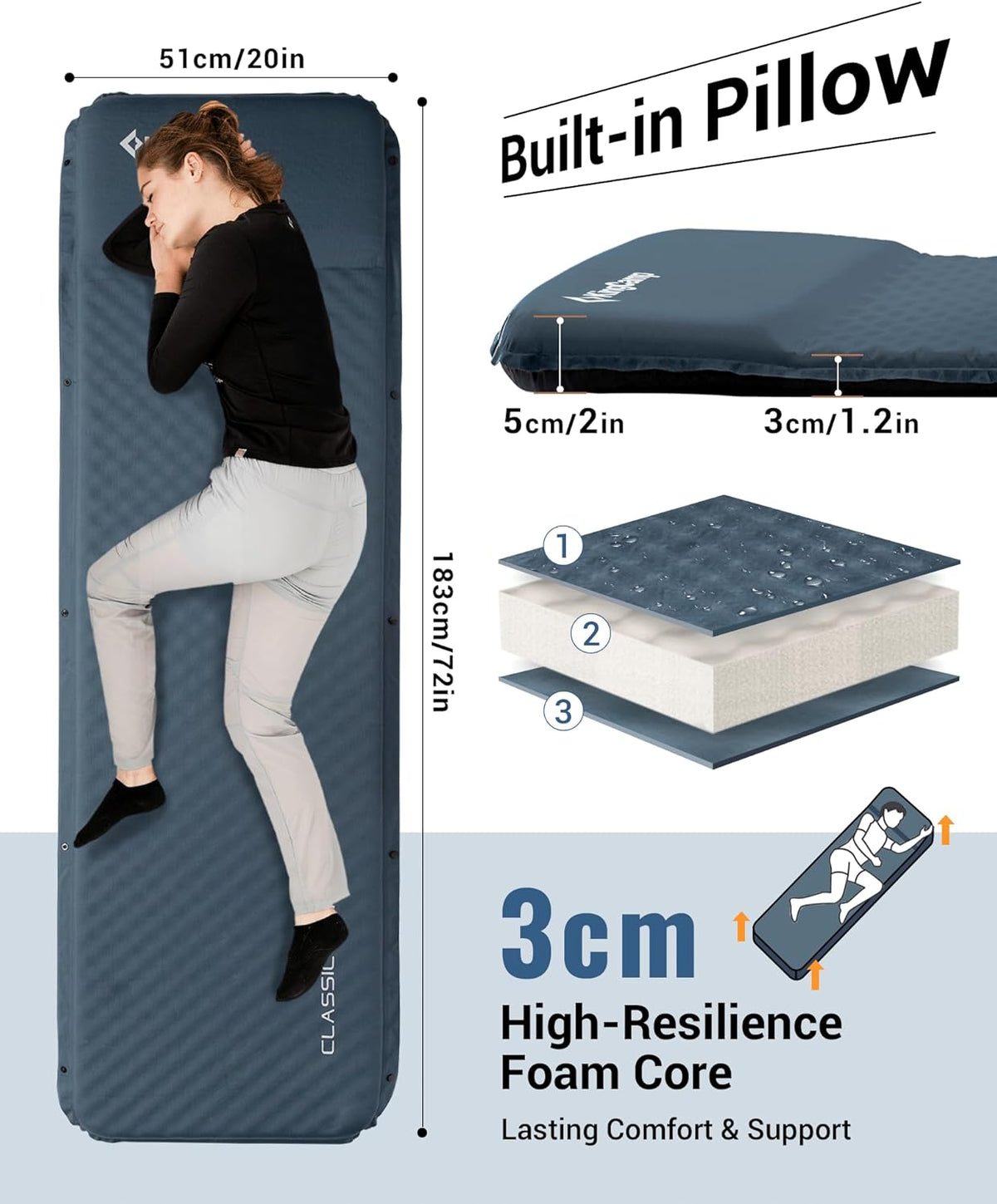 Self-Inflating Sleeping Pad with Pillow-L