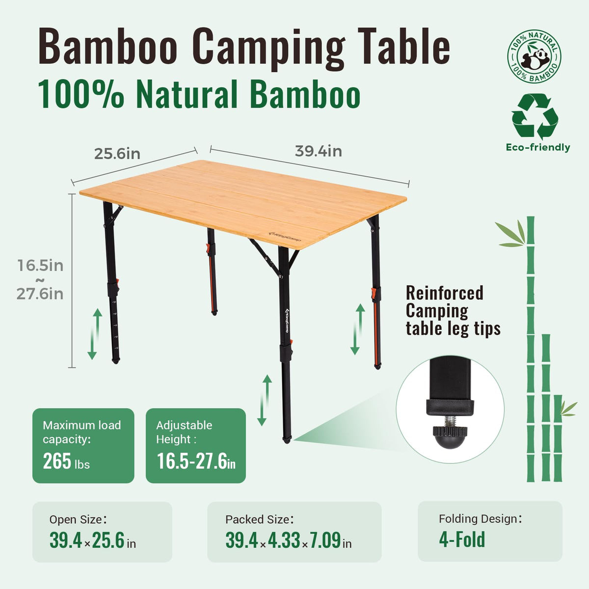 KingCamp BamAura 4Fold 10065 PLUS Bamboo Camping Table with Serrated Adjustable Legs
