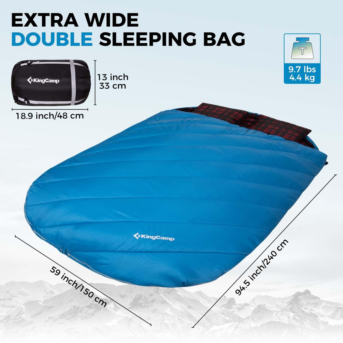 KingCamp FREESPACE 250D Double-Sized Sleeping Bag Blue Extra Wide Sleeping Bag