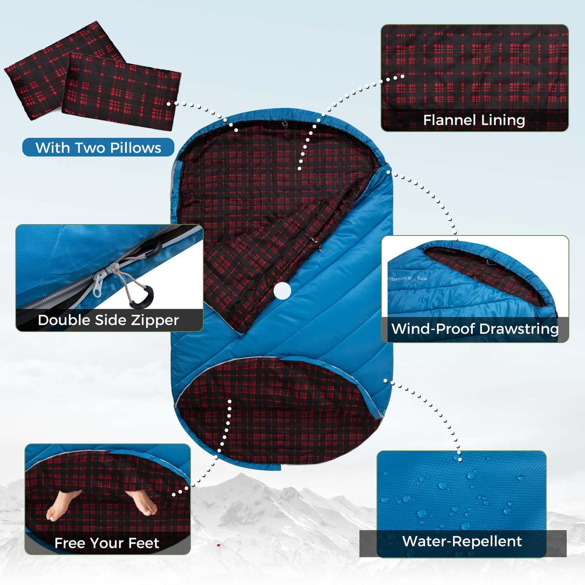 KingCamp FREESPACE 250D Double-Sized Sleeping Bag Blue