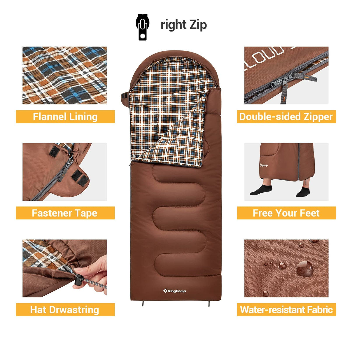 KingCamp CLOUDY 400 Sleeping Bag-Envelope With Flannel Lining