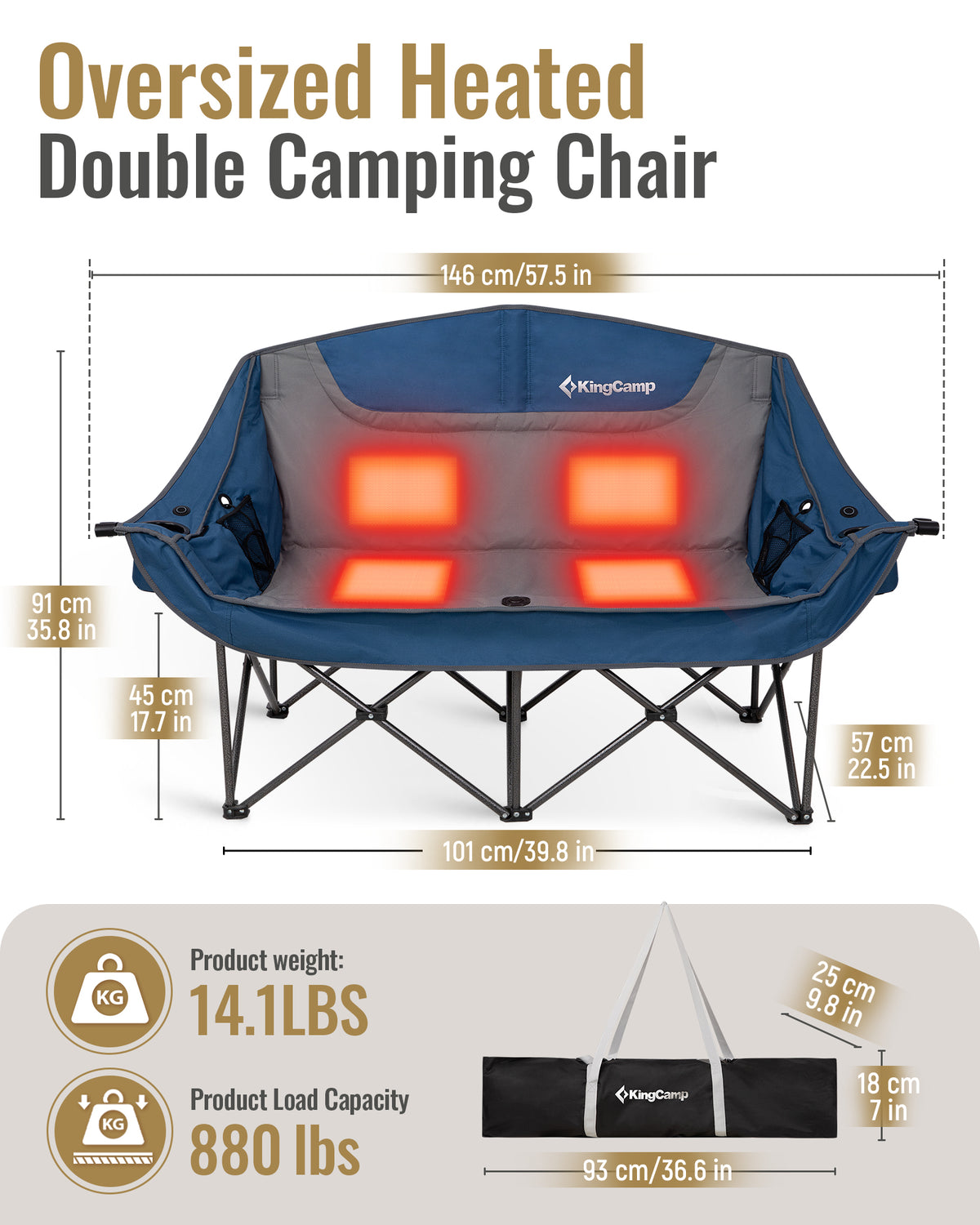 KingCamp CANNA C20 PLUS Heated Loveseat Camping Chair - 2-Person Oversized Padded Couples Chair with 3-Temperature Settings