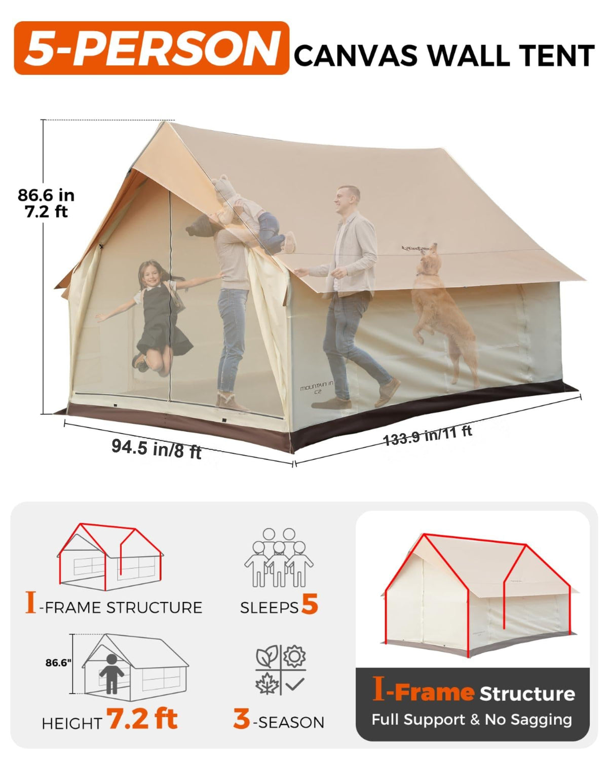 KingCamp MOUNTAIN IN C2 Canvas Cabin Tent 8' x 11'