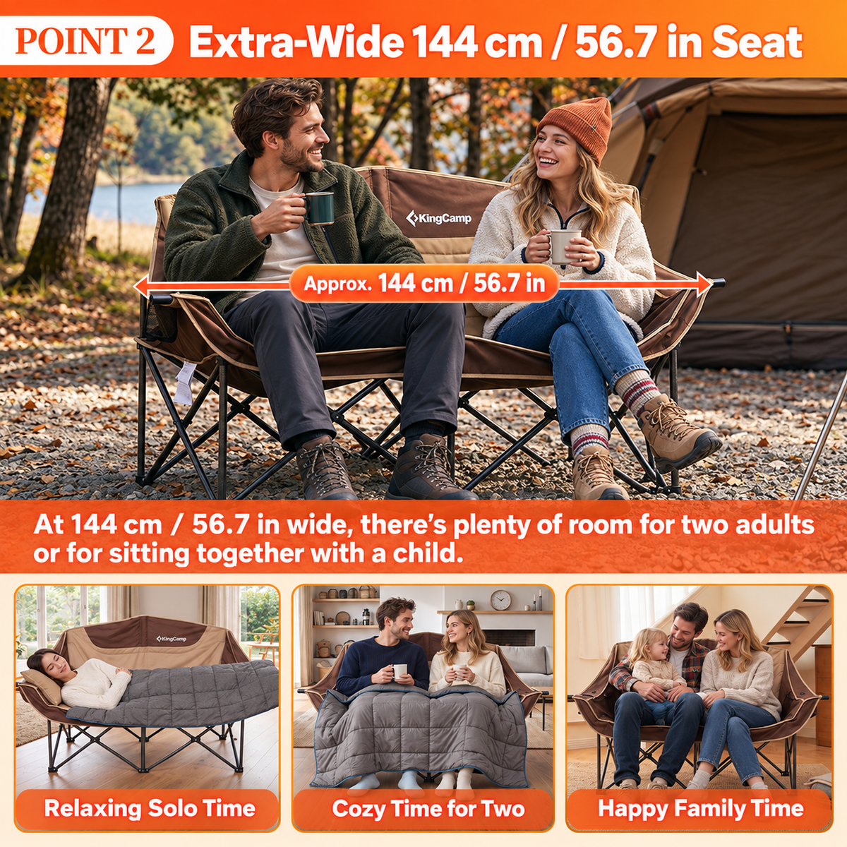 KingCamp CANNA C20 PLUS Heated Loveseat Camping Chair - 2-Person Oversized Padded Couples Chair with 3-Temperature Settings
