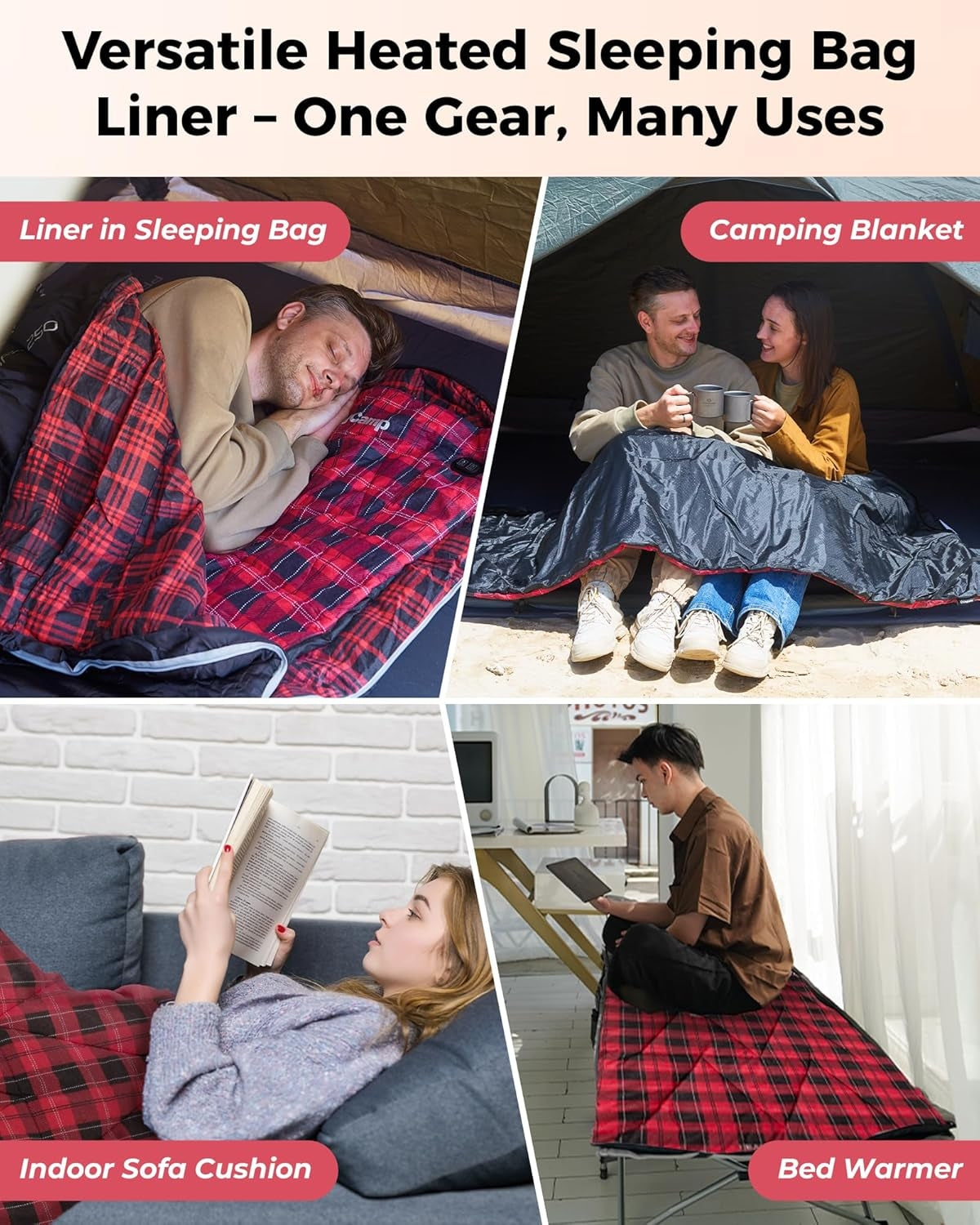 KingCamp Heated Sleeping Bag Liner | 6-Zone Heating Cot Mat 100% Cotton Flannel