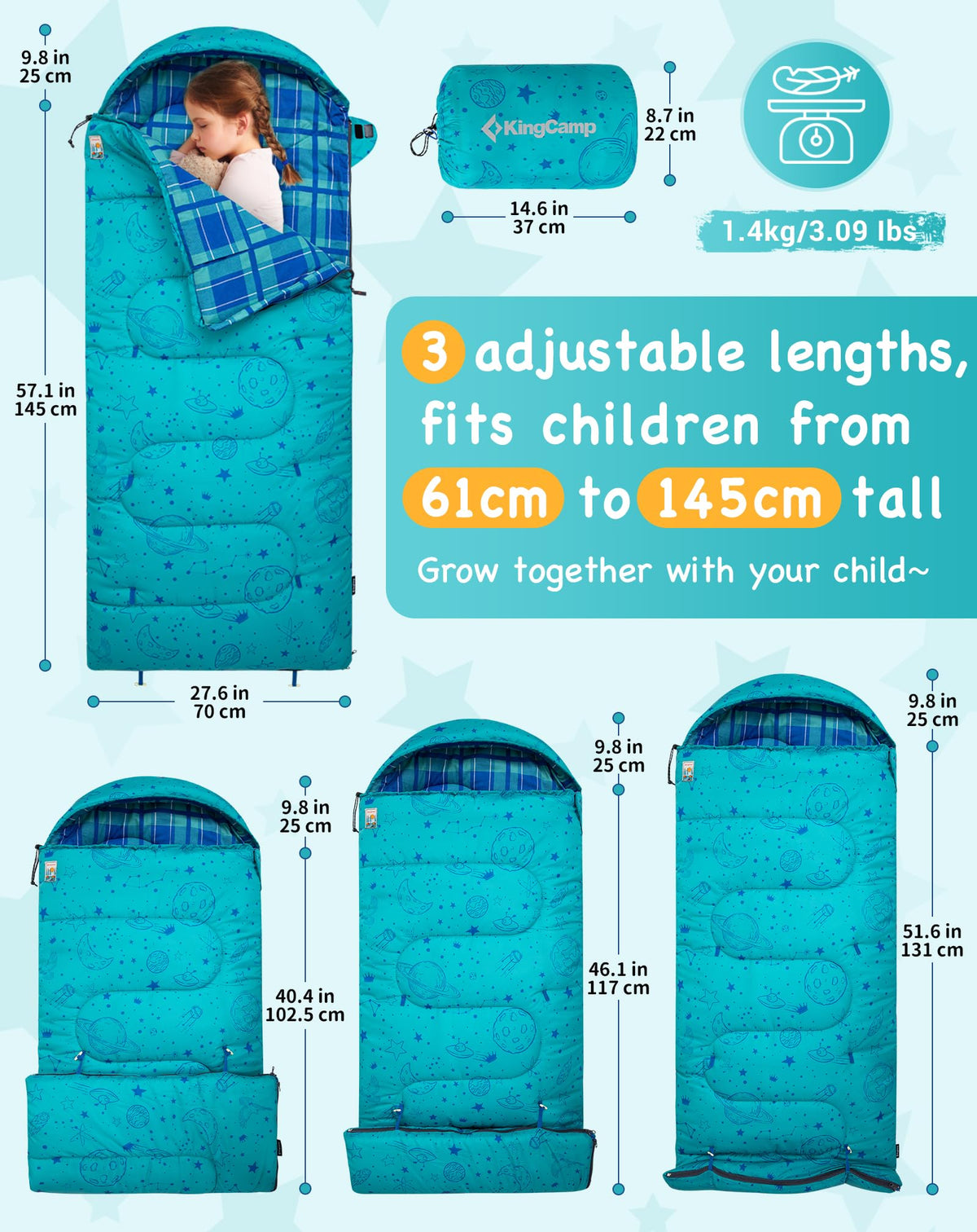 KingCamp Kids Sleeping Bag Children 3-4 Season Winter Flannel Liner Cotton Warm Lightweight Single for Camping Hiking Backpacking Outdoor with Compression Sack for Girls Boys