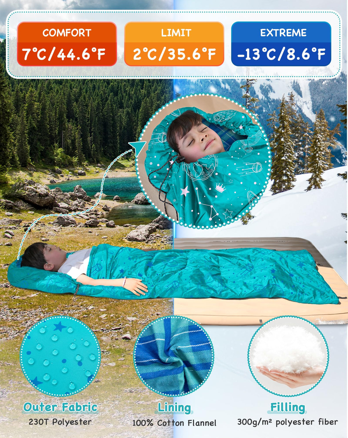 KingCamp Kids Sleeping Bag Children 3-4 Season Winter Flannel Liner Cotton Warm Lightweight Single for Camping Hiking Backpacking Outdoor with Compression Sack for Girls Boys