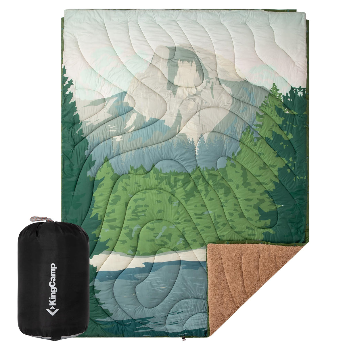 KingCamp Ultralight Camping Blanket, Packable Down Alternative Puffy Printed Wearable Blanket with Snap Buttons & Corner Loops Weatherproof Quilt for Outdoor Travel Stadium