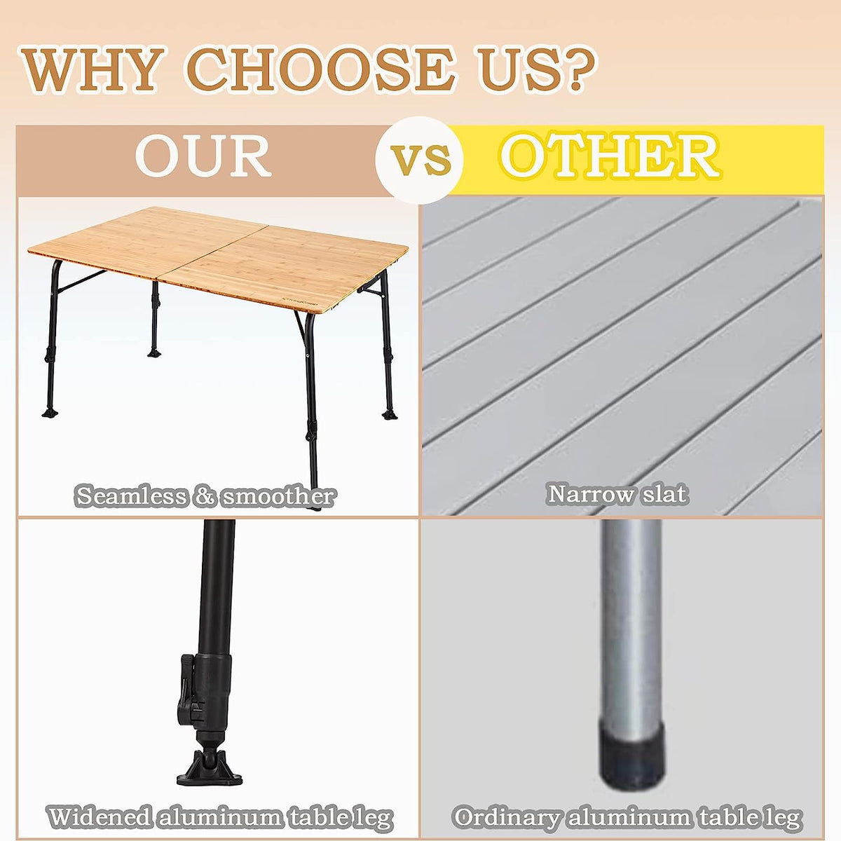 Mesa plegable de bambú con altura ajustable