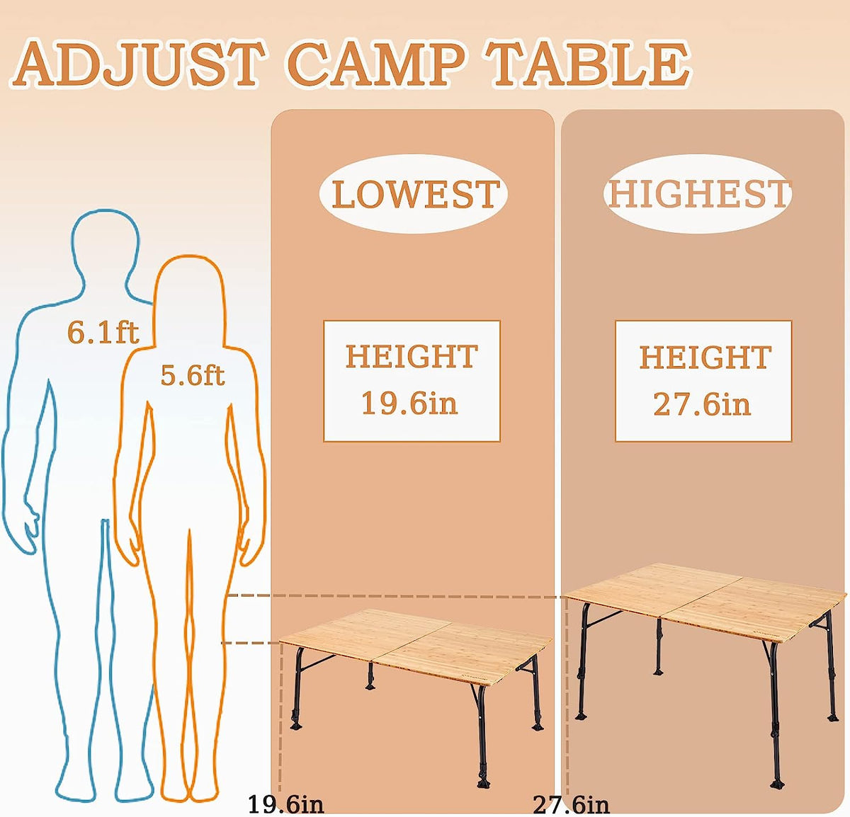 Mesa plegable de bambú con altura ajustable