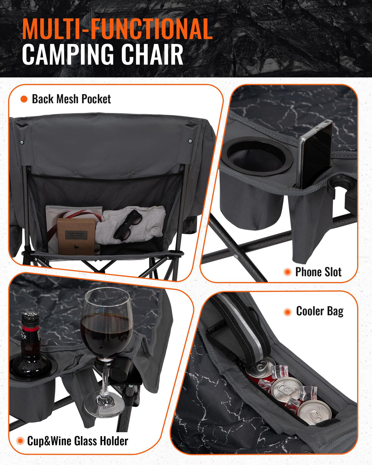KingCamp CANNA C10 PLUS Oversized Padded Camping Chair Lava Grey with Back Mesh Pocket and Cooler Bag