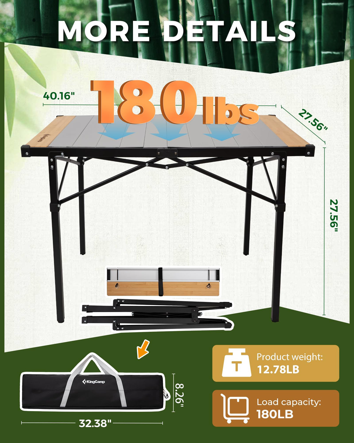 KingCamp BamAura Folding Roll-Top Aluminum Table with Bamboo Extensions