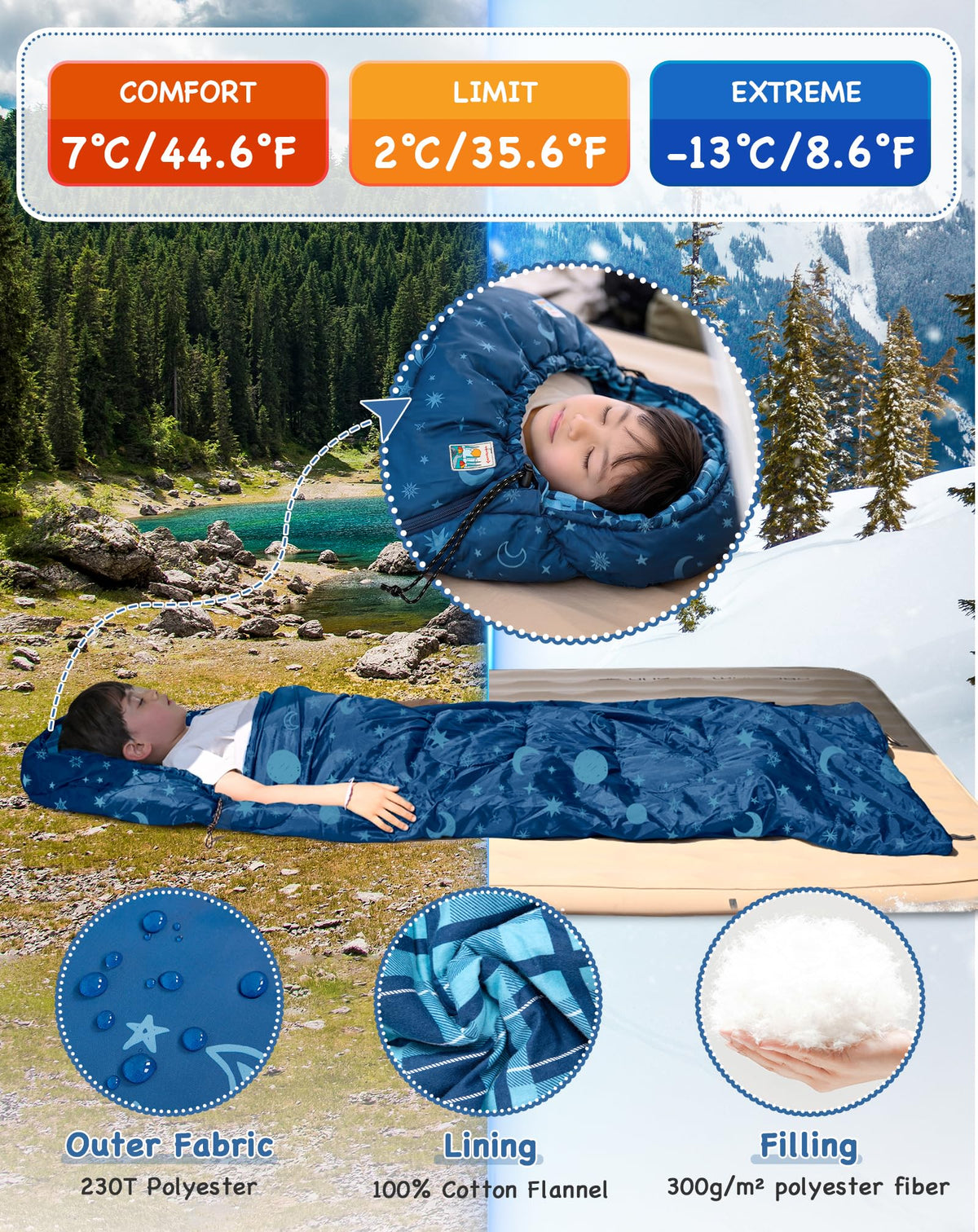Galaxy Zoo C 300 Kids Sleeping Bag Adjustable Length