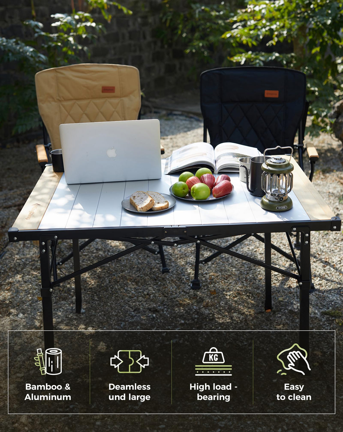 KingCamp BamAura Folding Roll-Top Aluminum Table with Bamboo Extensions