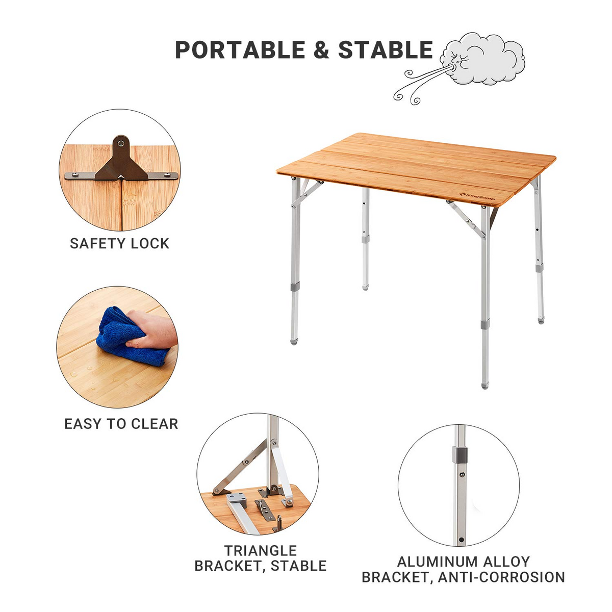 KingCamp Bamboo Folding Adjustable Height Tables