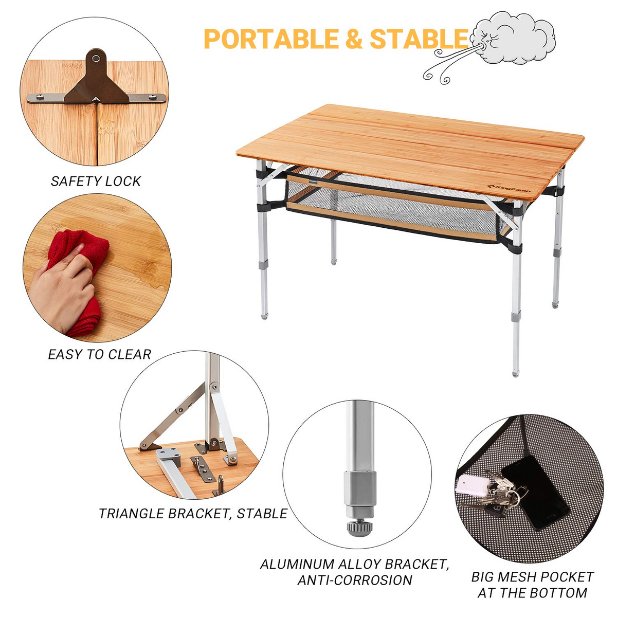 KingCamp Bamboo Folding Adjustable Height Tables