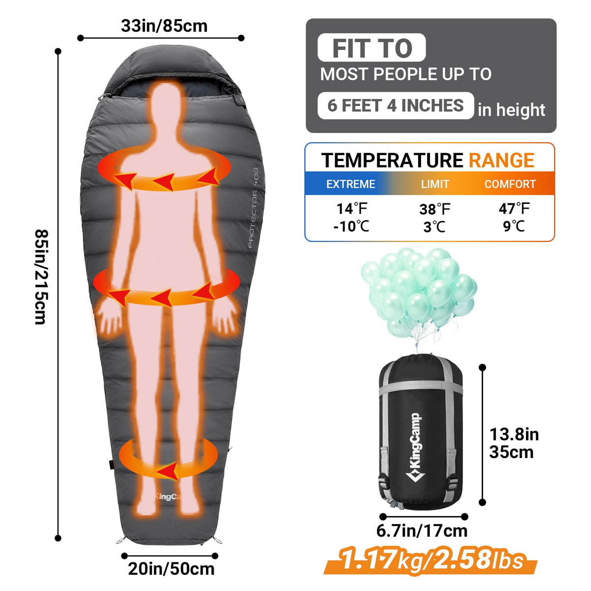Saco de dormir tipo momia KingCamp PROTECTOR 400 Down