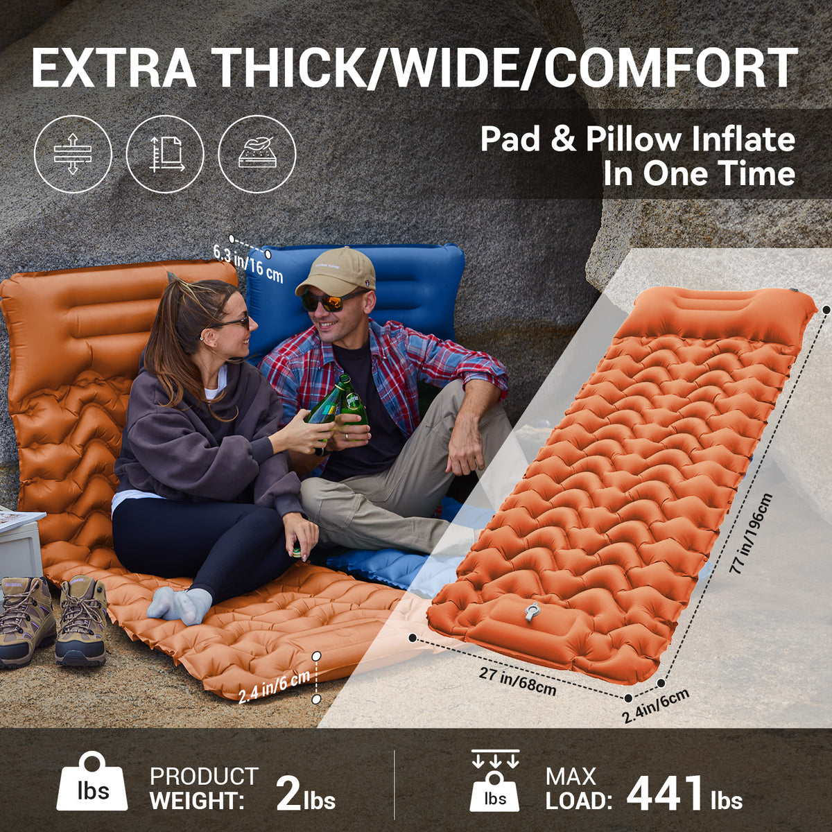 Inflatable Sleeping Pad with Pillow & Built-in Pump