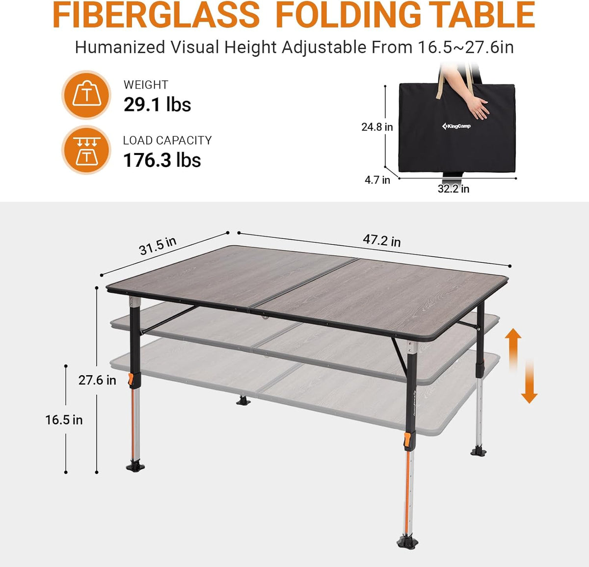 KingCamp GRANITE P12080 Folding Fiberglass Camping Table