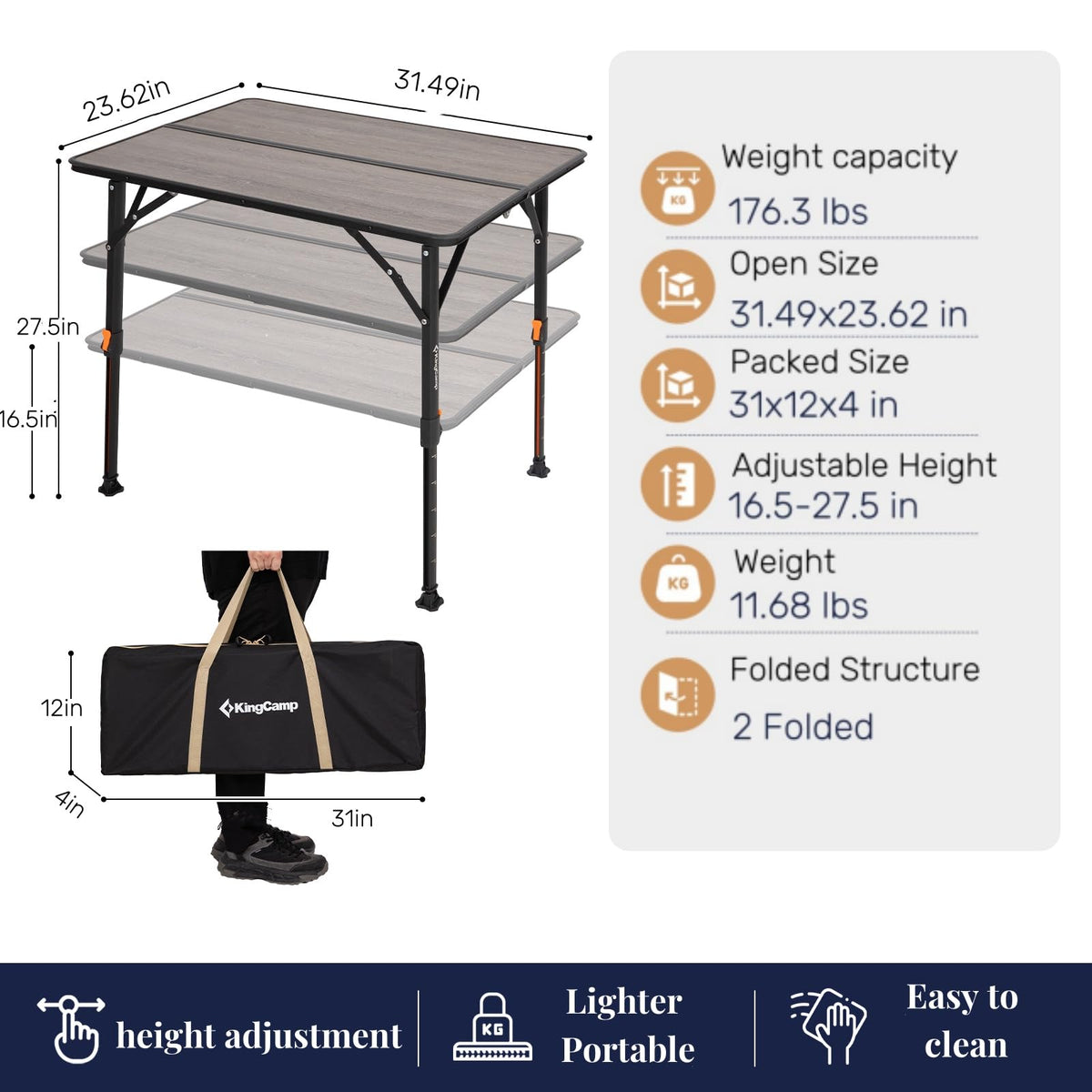 KingCamp GRANITE P8060 Klappbarer Fiberglastisch 