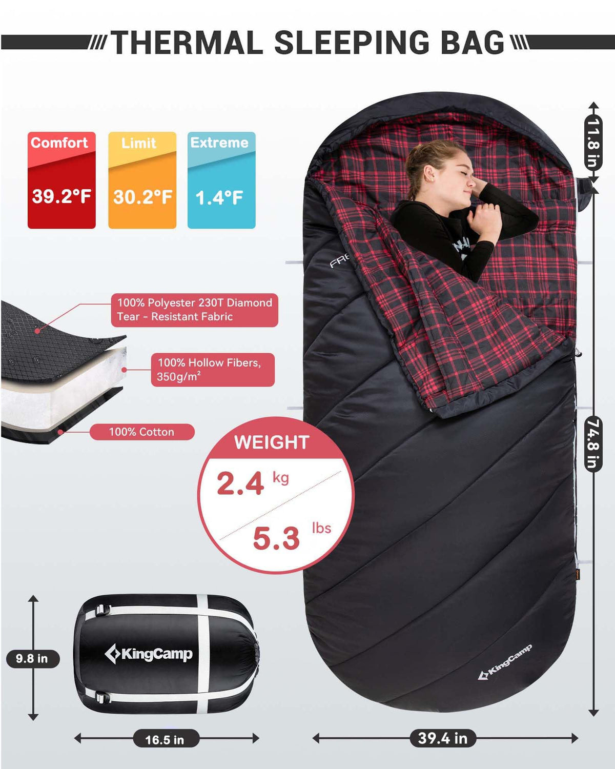 FREESPACE 350 Plus Size 3-4 Season Sleeping Bag