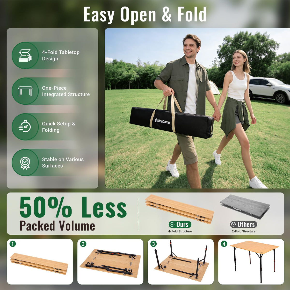 KingCamp BamAura 4Fold 10065 PLUS Bamboo Camping Table with Serrated Adjustable Legs