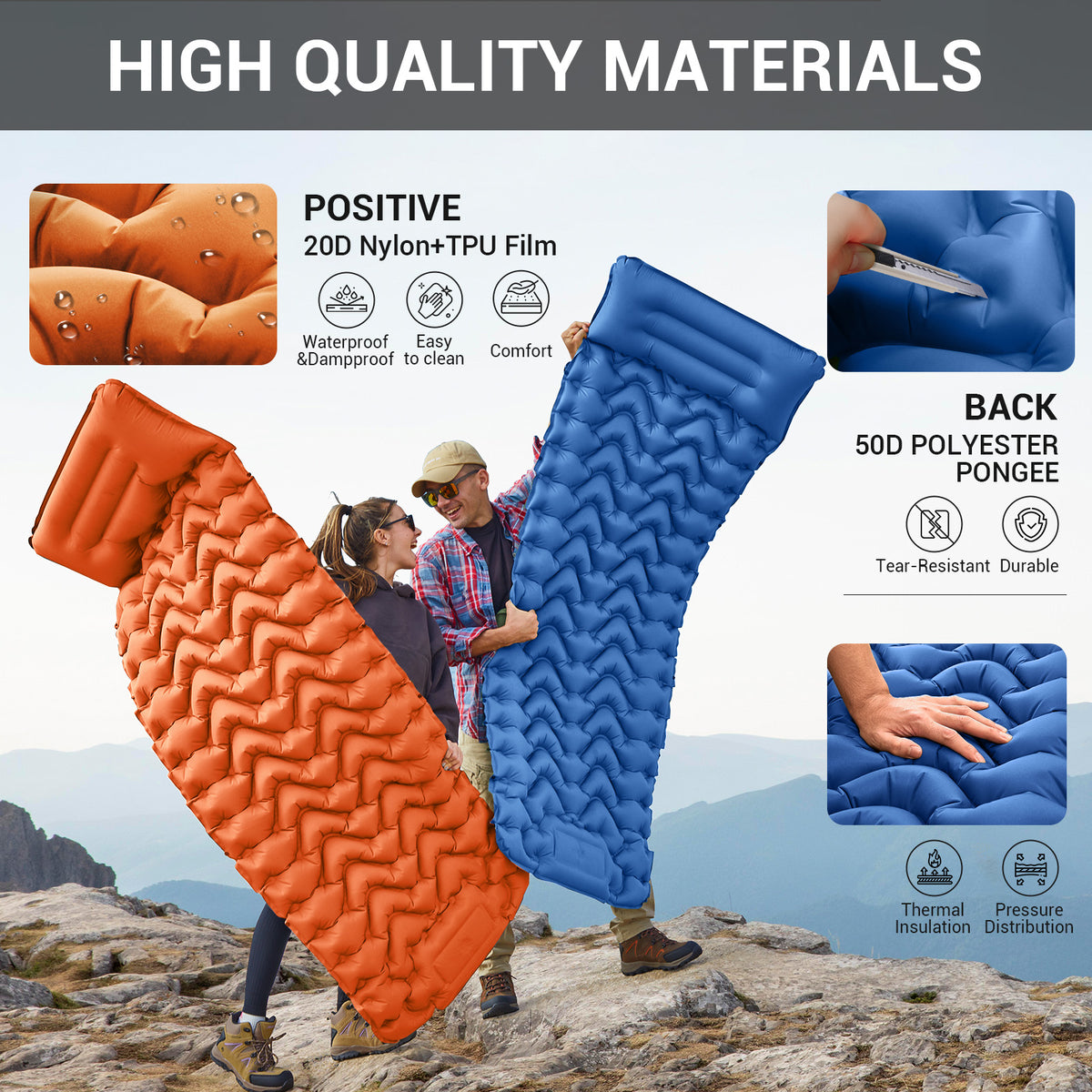 Inflatable Sleeping Pad with Pillow & Built-in Pump