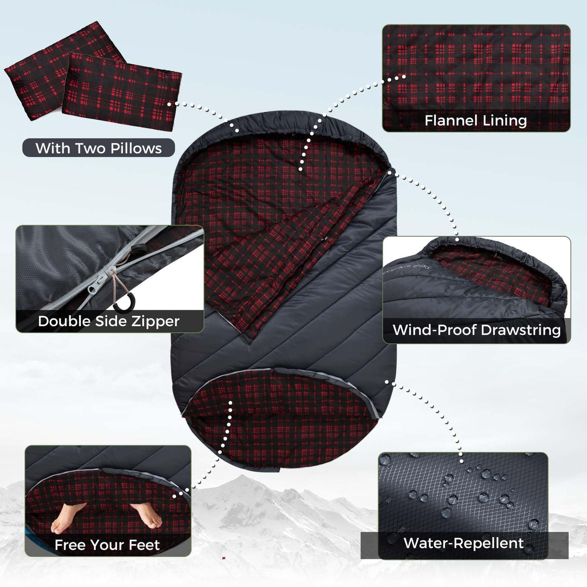 KingCamp FREESPACE 250D Double-Sized Sleeping Bag Grey With 2 Pillows