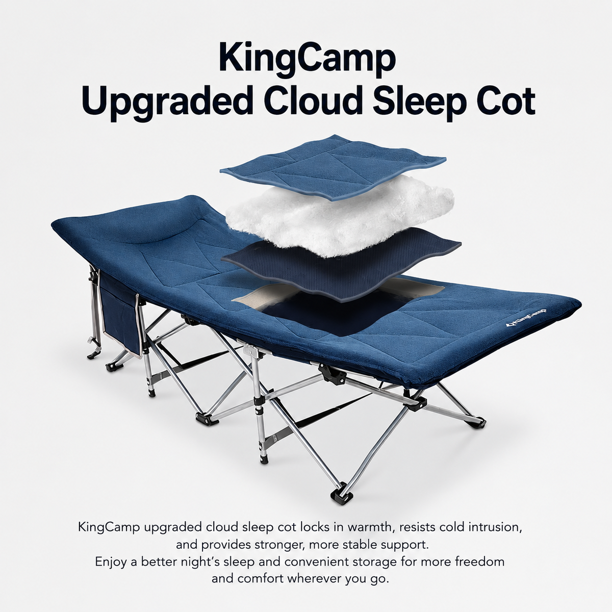 KingCamp Ravon C20 Folding Camping Cot, 400 lbs Heavy Duty Portable Sleeping Bed with Padded Headrest, 10-Leg Steel Frame & Side Pocket