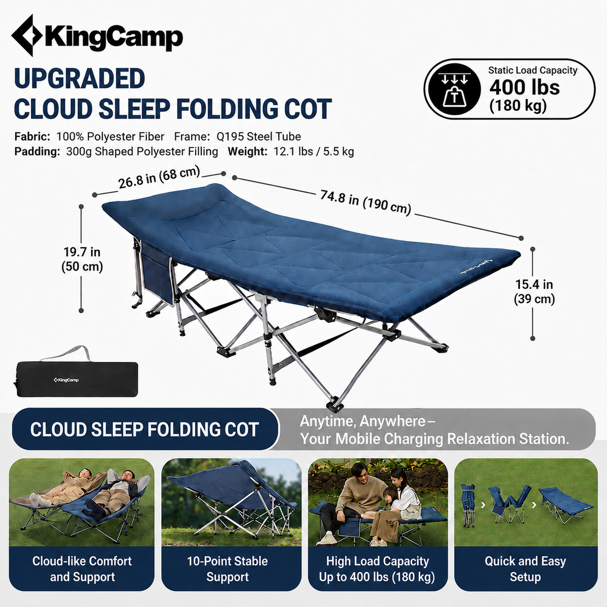 KingCamp Ravon C20 Folding Camping Cot, 400 lbs Heavy Duty Portable Sleeping Bed with Padded Headrest, 10-Leg Steel Frame & Side Pocket
