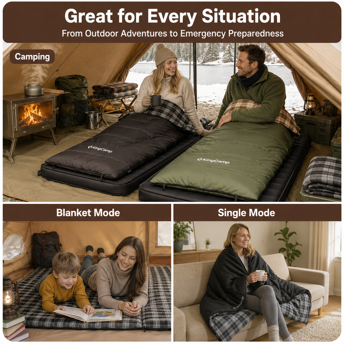 KingCamp Trippy C Flannel Sleeping Bag with Pillow, 75" x 33.5" Wide Rectangular Camping Sleeping Bag, Water-Resistant Convertible Blanket 420g/m2