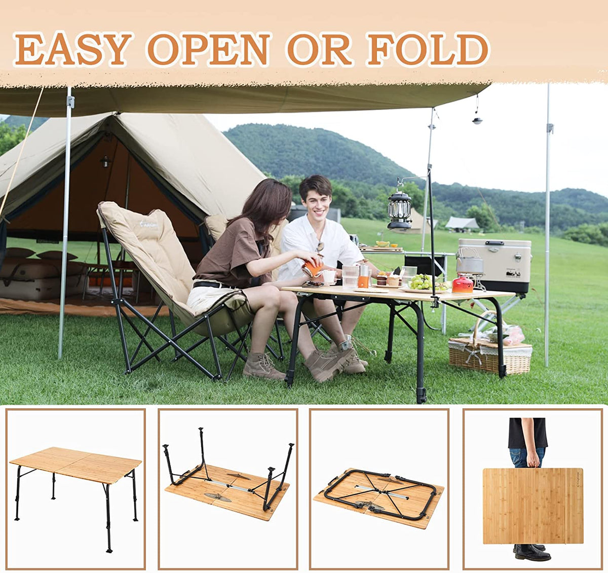 Mesa plegable de bambú con altura ajustable