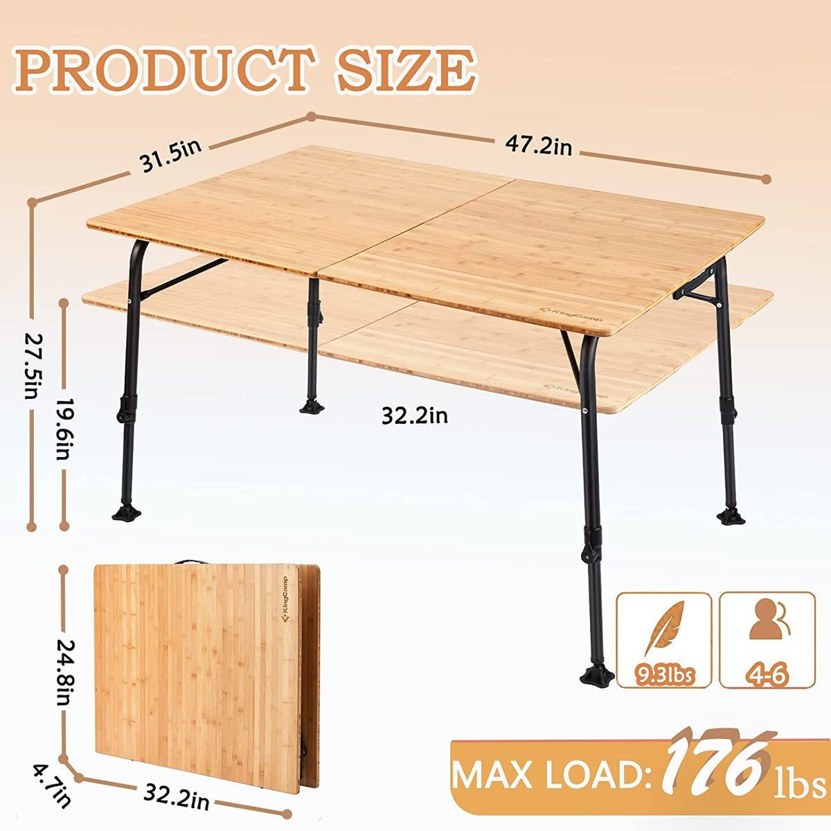 Mesa plegable de bambú con altura ajustable