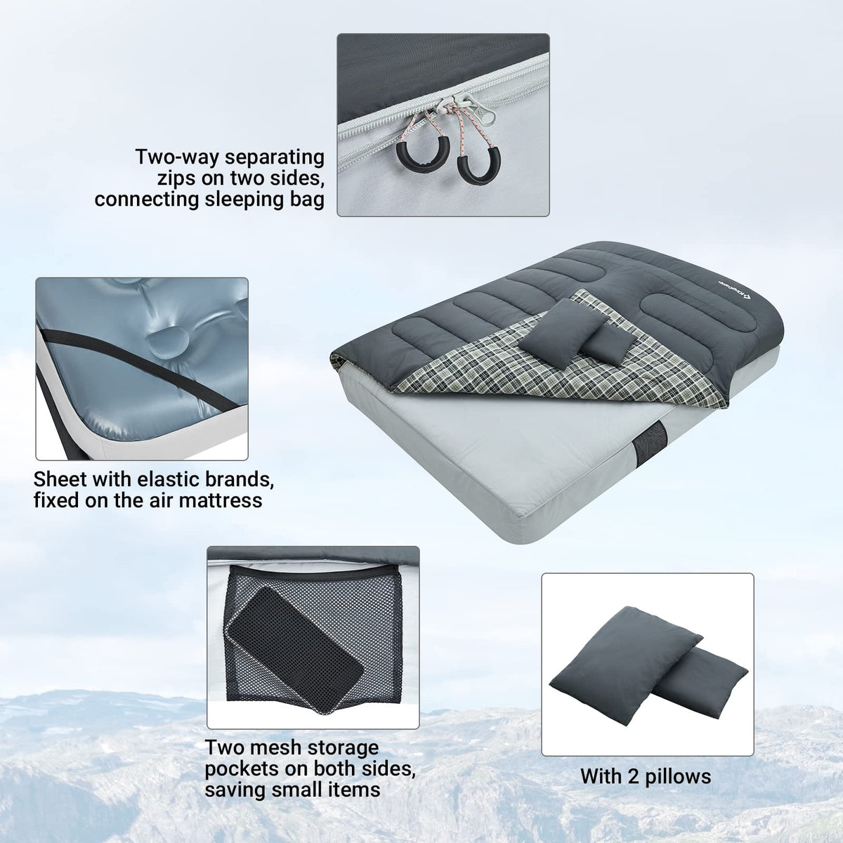 42F Versatile Double Envelope Sleeping Bag with Pillow