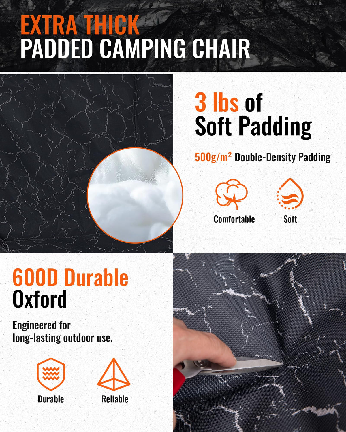 KingCamp CANNA C10 PLUS Oversized Padded Camping Chair Lava Grey with 600 Durable Oxford