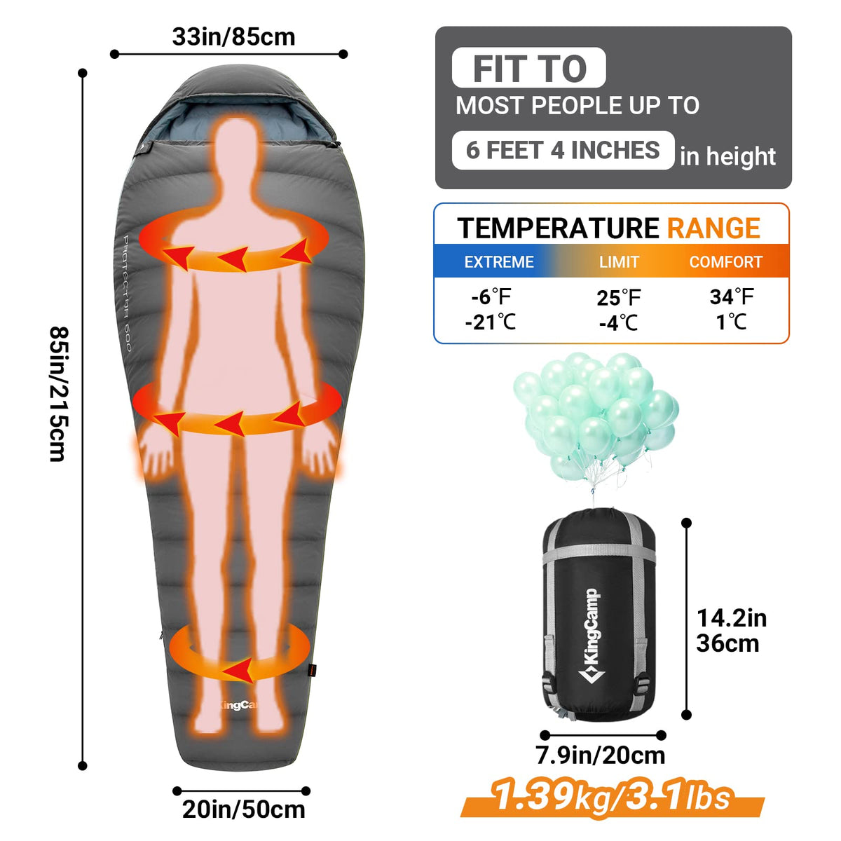 Saco de dormir tipo momia KingCamp PROTECTOR 400 Down 