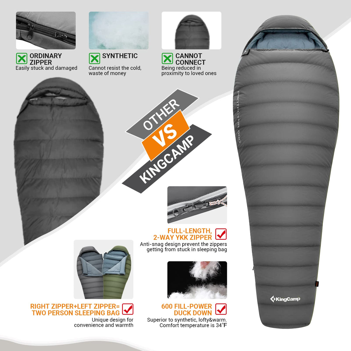 Saco de dormir tipo momia KingCamp PROTECTOR 400 Down 