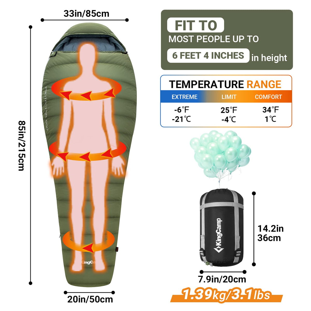 Saco de dormir tipo momia KingCamp PROTECTOR 400 Down 