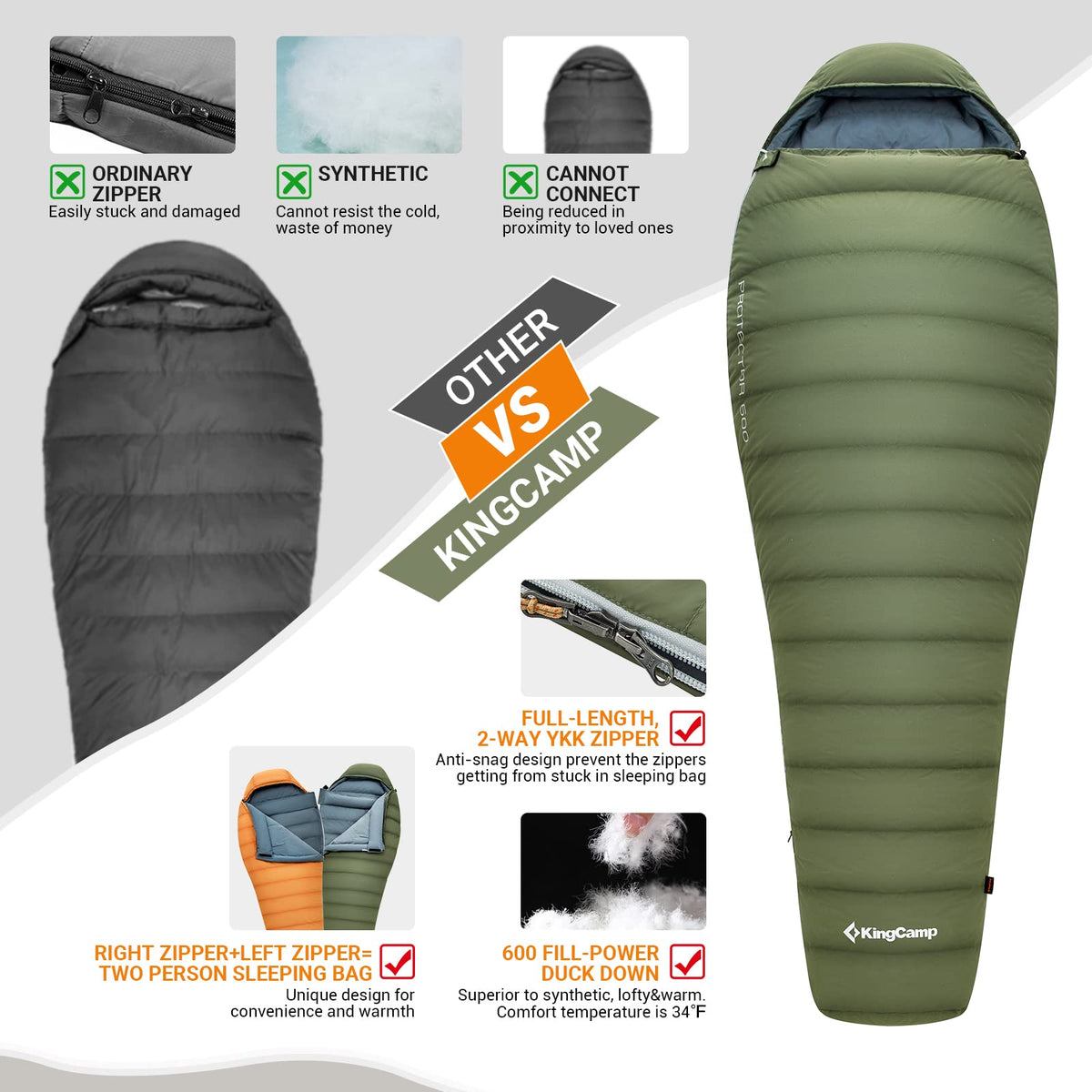Saco de dormir tipo momia KingCamp PROTECTOR 400 Down 